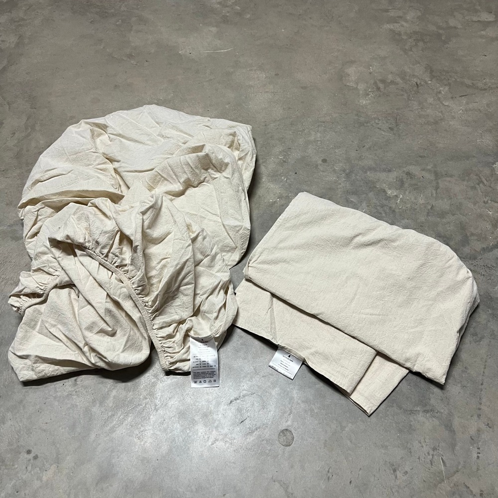 Moon & Linen 100% Linen Twin Bedding Set Cream Fitted and Flat Sheet Neutral